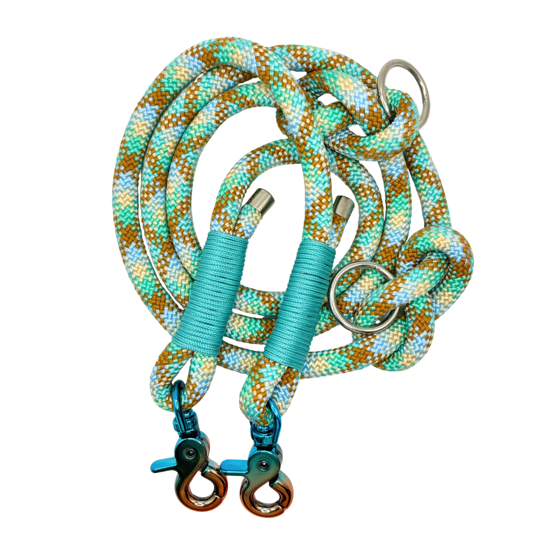 Hundeleine aus Tau mit mehrfarbigem Karabiner – Blau/Braun, 1,50m