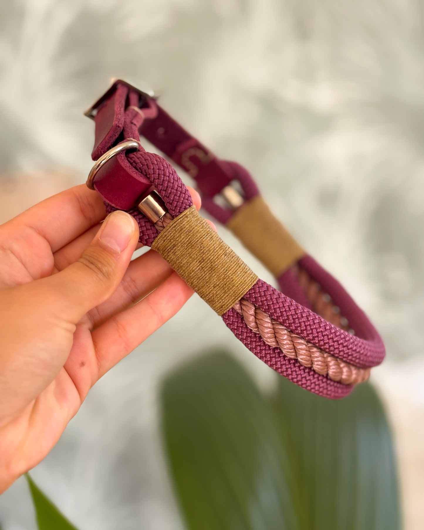 Hundehalsband aus Tau – Aubergine & Kupferrosa