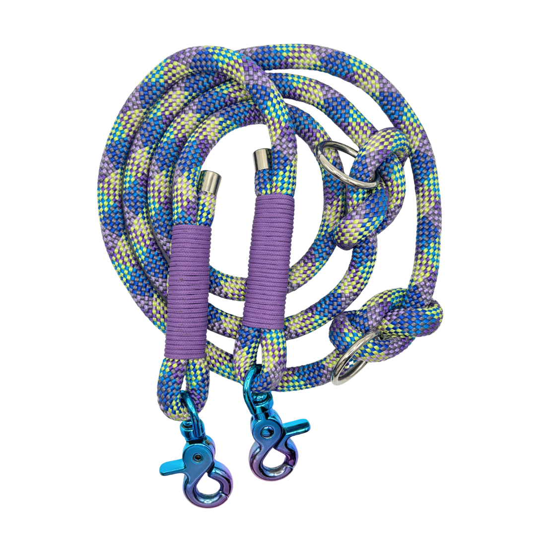 Hundeleine aus Tau mit mehrfarbigem Karabiner – Lila/Blau, 1,50m