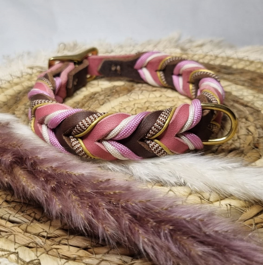 Fettleder-Halsband für Hunde, Rosa / braun mit Paracord, Halsumfang: 29 - 32,5 cm
