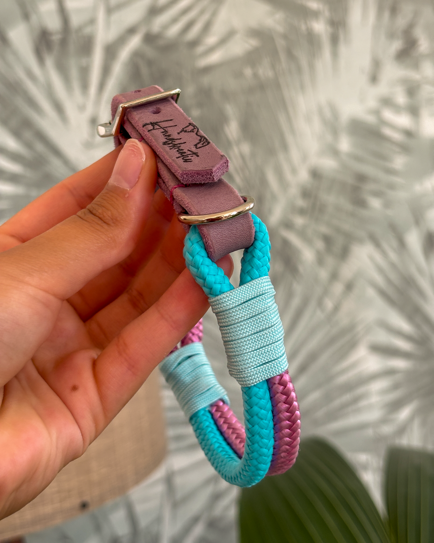 Hundehalsband aus Tau – Rosa/Hellblau