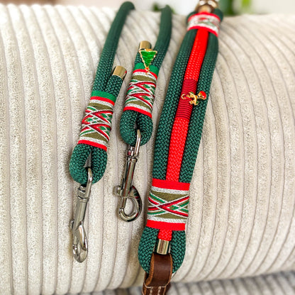Weihnachtsset für Hunde – Tau-Halsband (34–40 cm) & Leine (1,50 m) in Grün, Rot & Silber