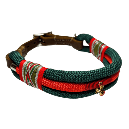 Weihnachtsset für Hunde – Tau-Halsband (34–40 cm) & Leine (1,50 m) in Grün, Rot & Silber