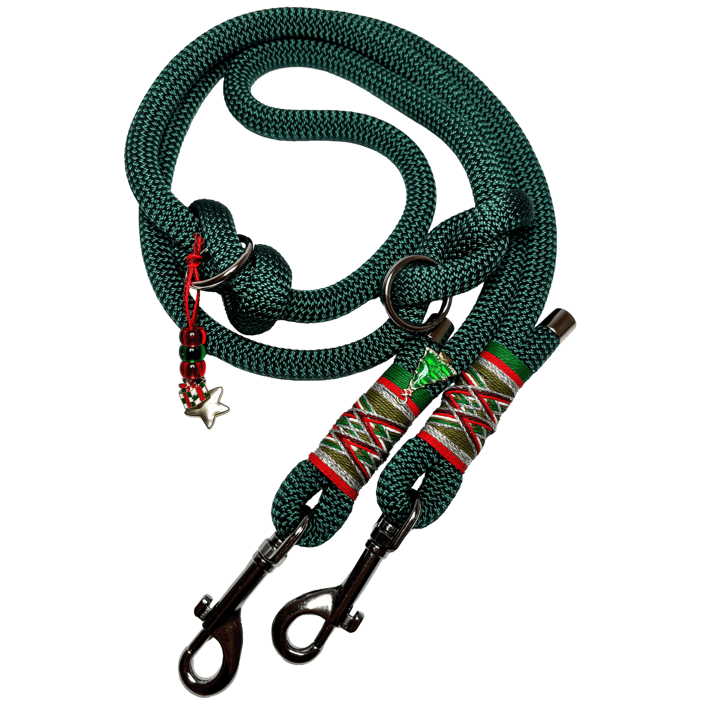 Weihnachtsset für Hunde – Tau-Halsband (34–40 cm) & Leine (1,50 m) in Grün, Rot & Silber