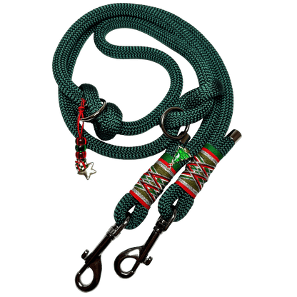 Weihnachtsset für Hunde – Tau-Halsband (34–40 cm) & Leine (1,50 m) in Grün, Rot & Silber