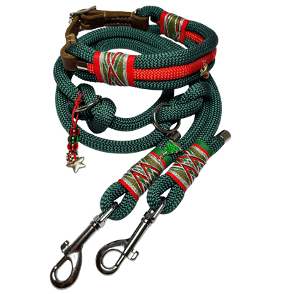 Weihnachtsset für Hunde – Tau-Halsband (34–40 cm) & Leine (1,50 m) in Grün, Rot & Silber
